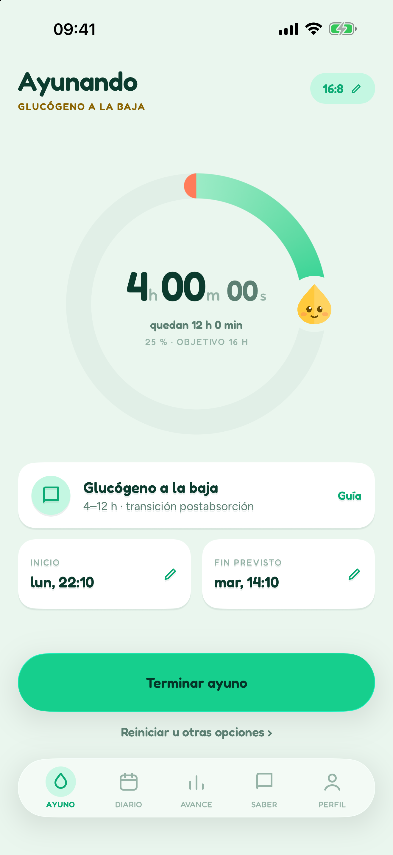Temporizador de Blimbi para iOS y Android, captura de iOS: ayuno en marcha, guía de fase y horas de inicio y fin previsto