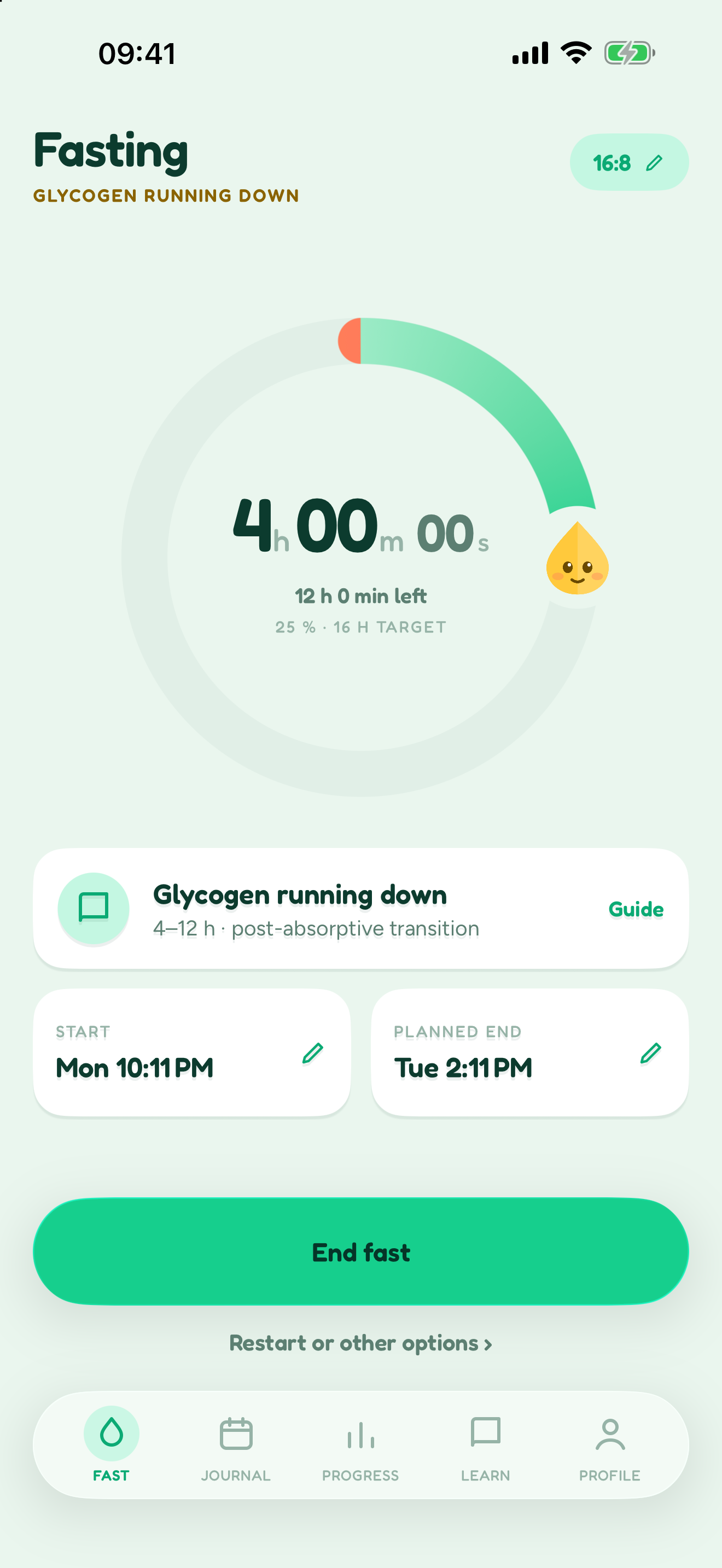 Blimbi timer for iOS and Android, iOS screenshot: active fast, phase guide, start time and expected end