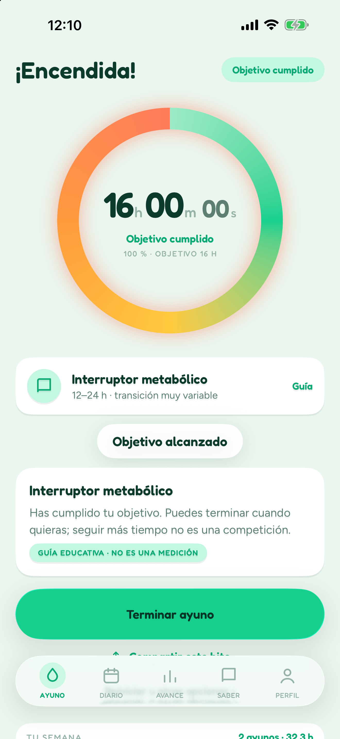 Pantalla de celebración de Blimbi, ¡Encendida!: 16 h 0 min, objetivo cumplido al 100 % de un objetivo de 16 h