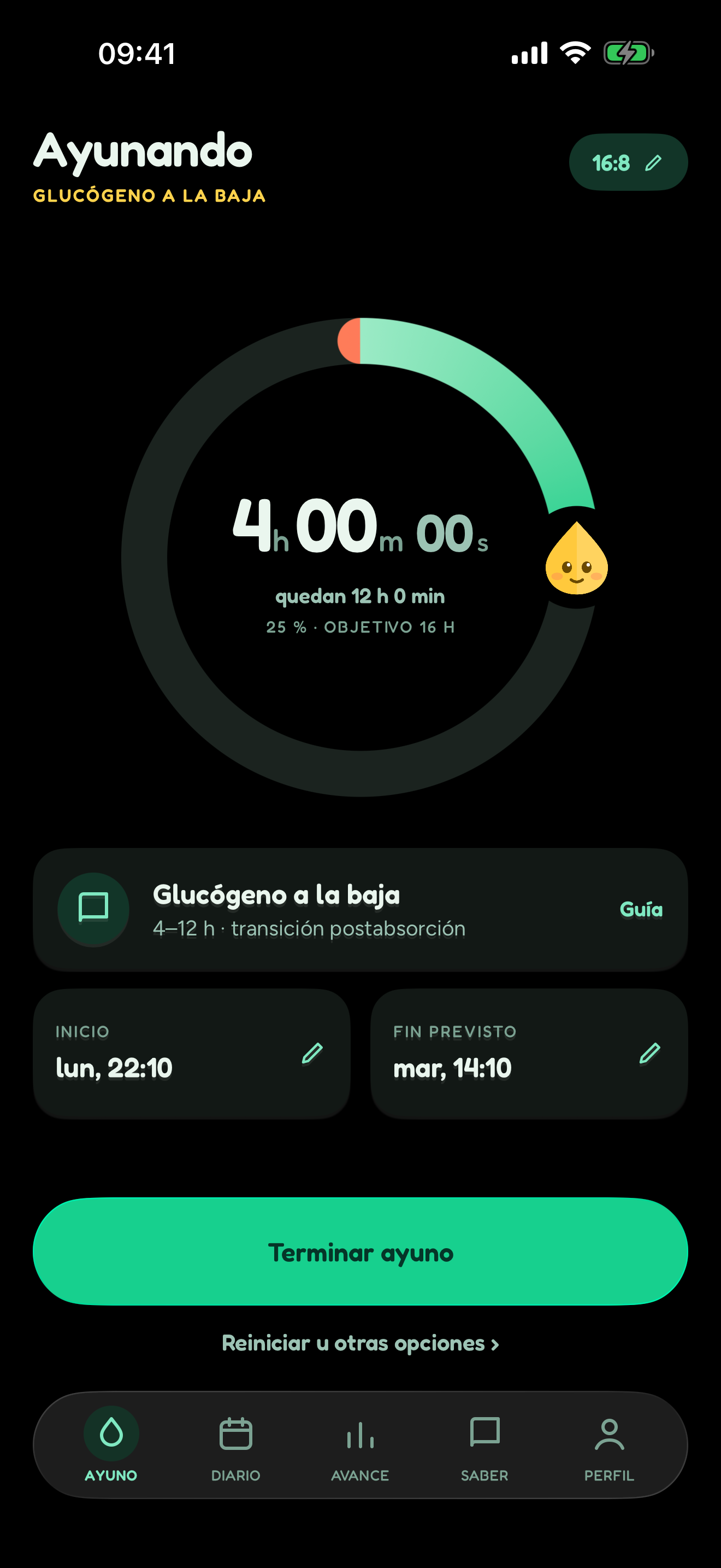 Ayuno en marcha en modo oscuro, antes de terminarlo