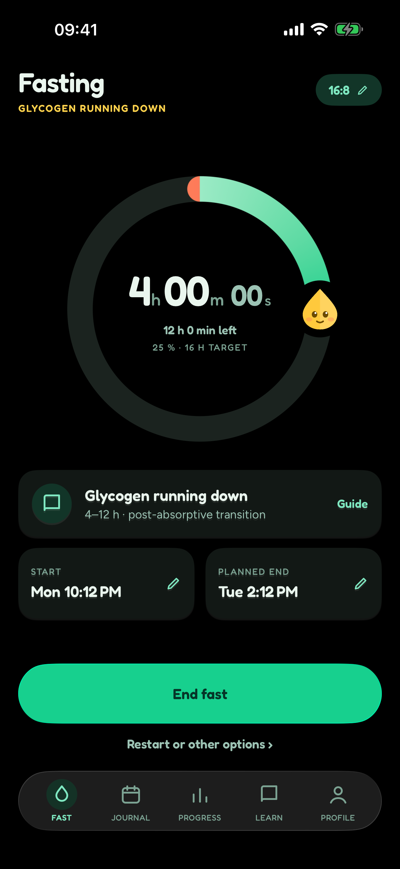 A fast in progress in dark mode, before ending it