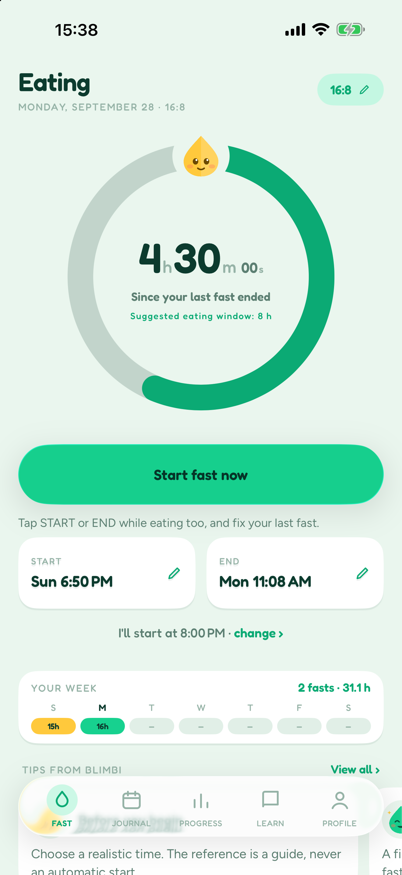 Blimbi in Eating mode: 4 h 30 min since the last fast ended, suggested eating window 8 h, Start fast now button, and start and end times of the last fast
