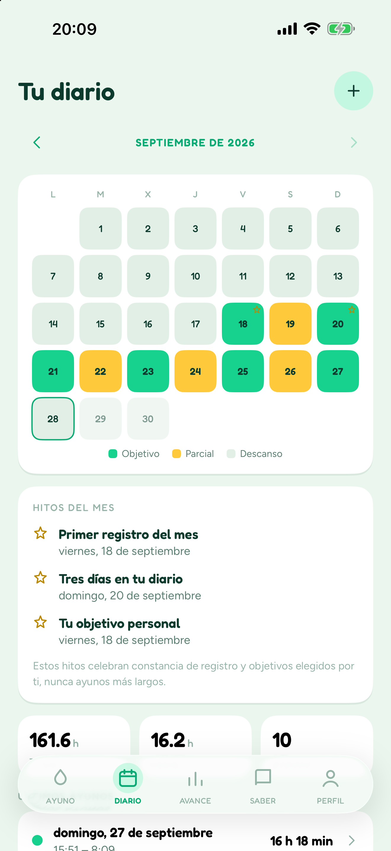 Diario de Blimbi de septiembre de 2026: calendario del mes con los días marcados como objetivo, parcial o descanso, y los hitos del mes