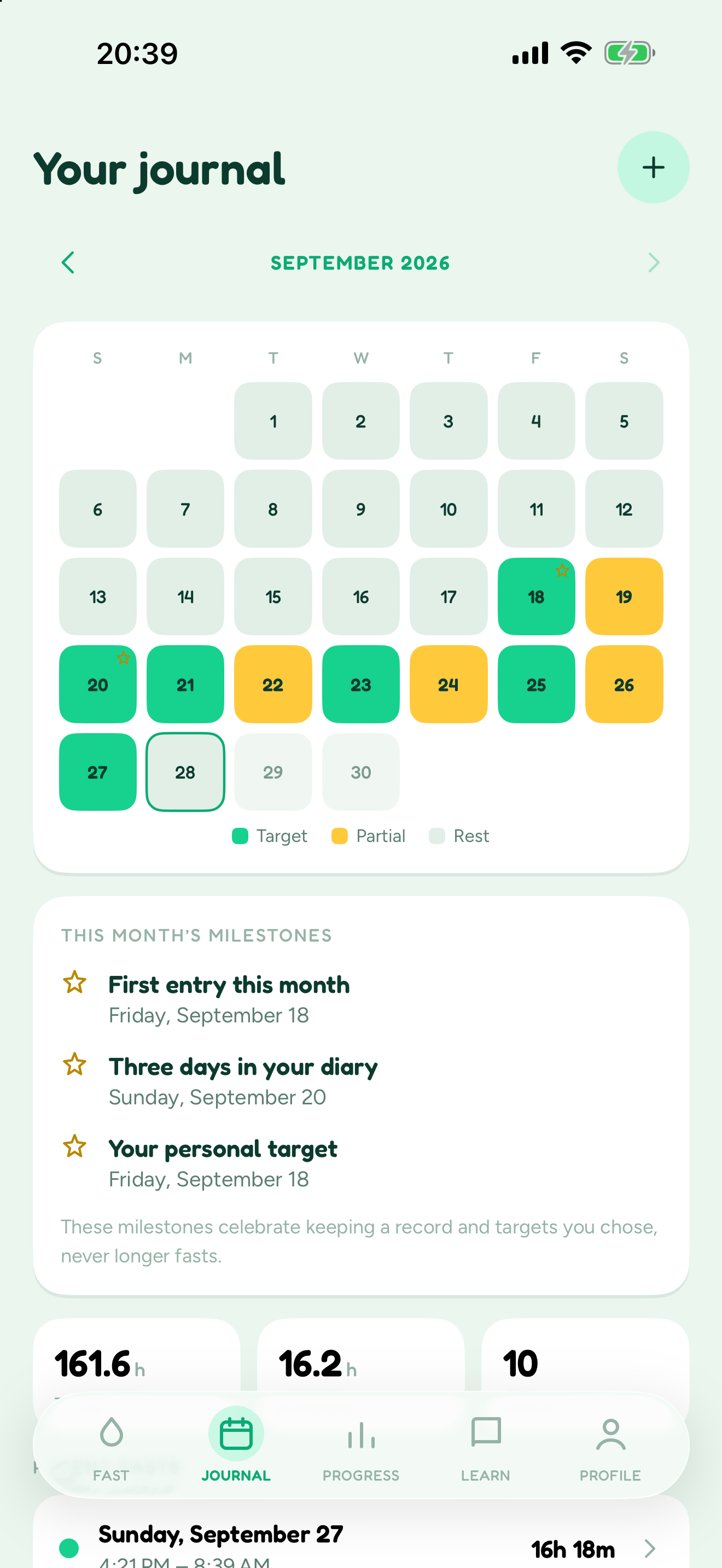 Blimbi journal for September 2026: a month calendar with days marked target, partial or rest, and this month's milestones