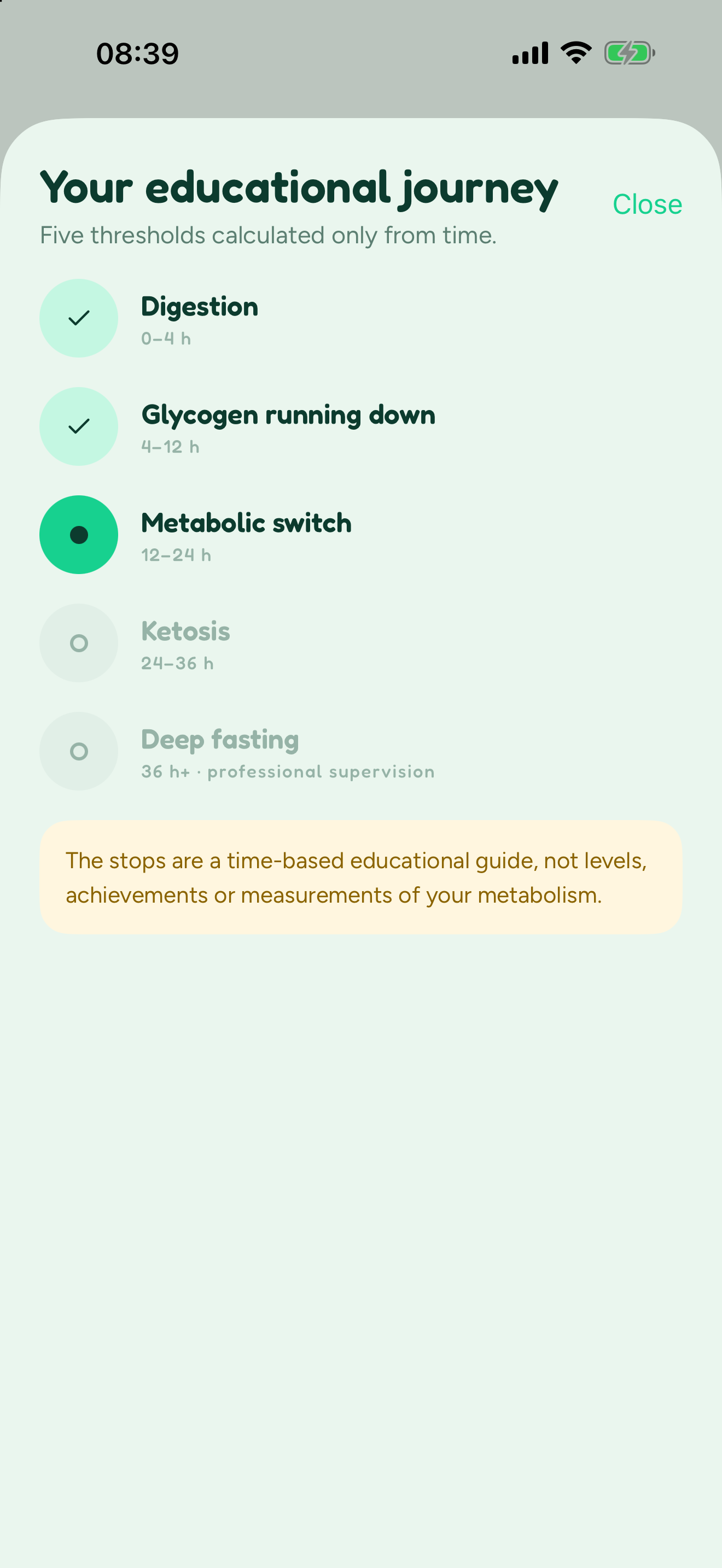 Blimbi educational journey: five time-based stops from Digestion to Deep fasting, with a note that stops are a guide, not measurements of your metabolism