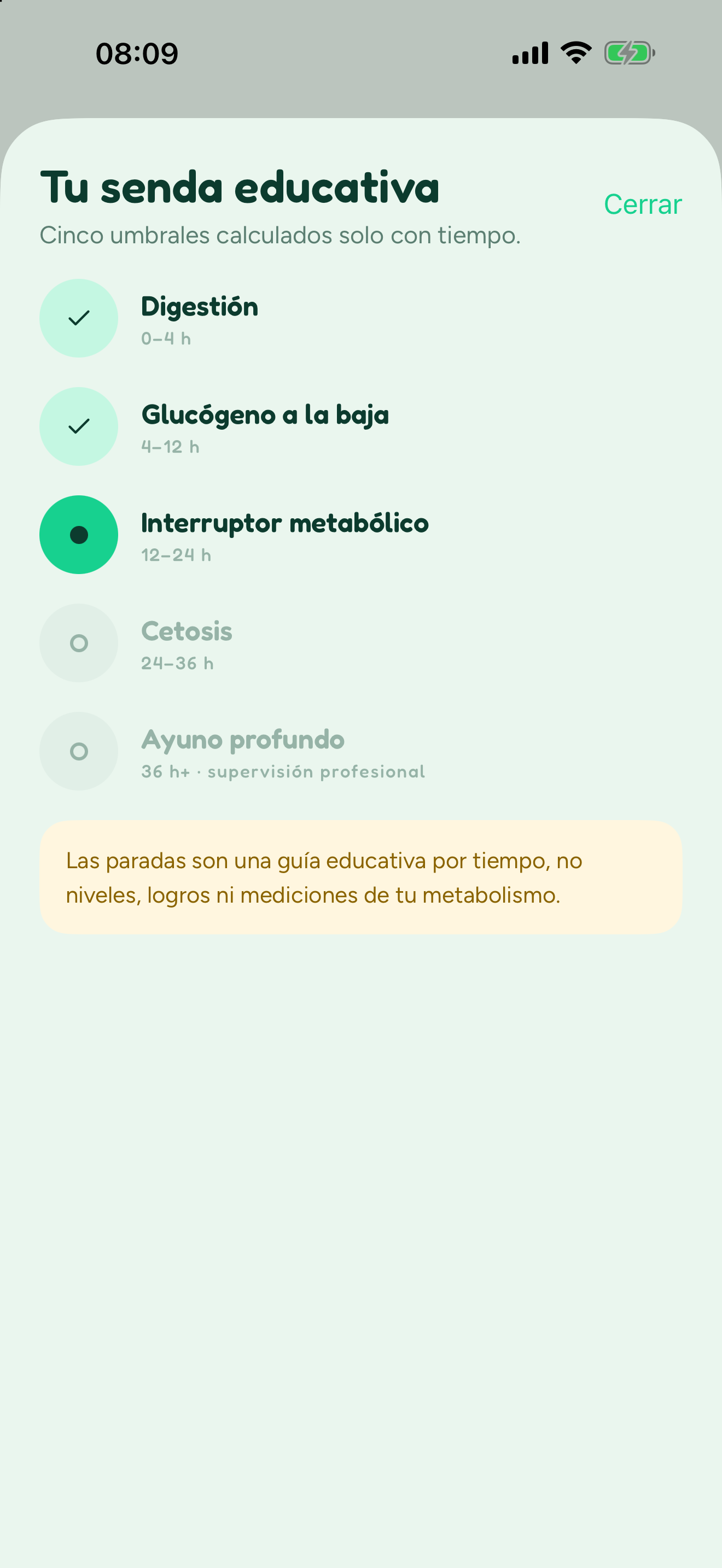 Senda educativa de Blimbi: cinco paradas por tiempo, de Digestión a Ayuno profundo, con la nota de que las paradas son una guía y no una medición de tu metabolismo
