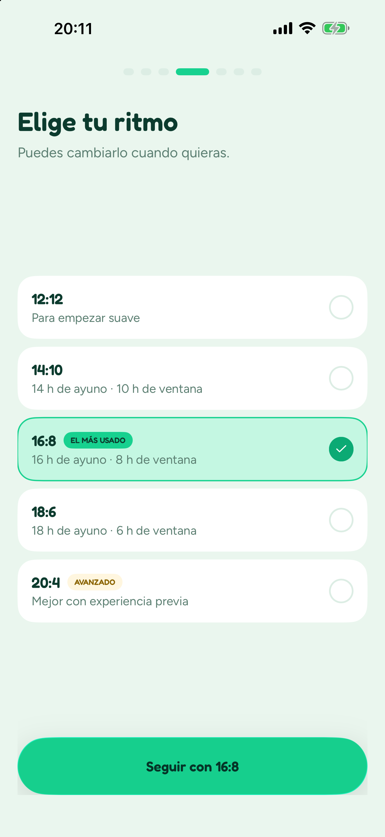 Introducción de Blimbi, Elige tu ritmo: 12:12, 14:10, 16:8 seleccionado, 18:6 y 20:4 marcado como avanzado