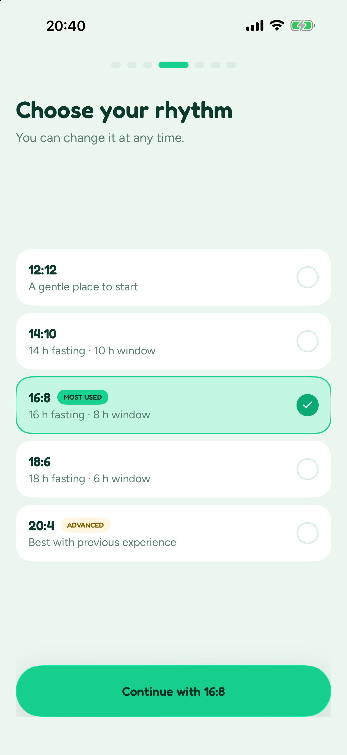 Blimbi onboarding, Choose your rhythm: 12:12, 14:10, 16:8 selected, 18:6, and 20:4 marked advanced