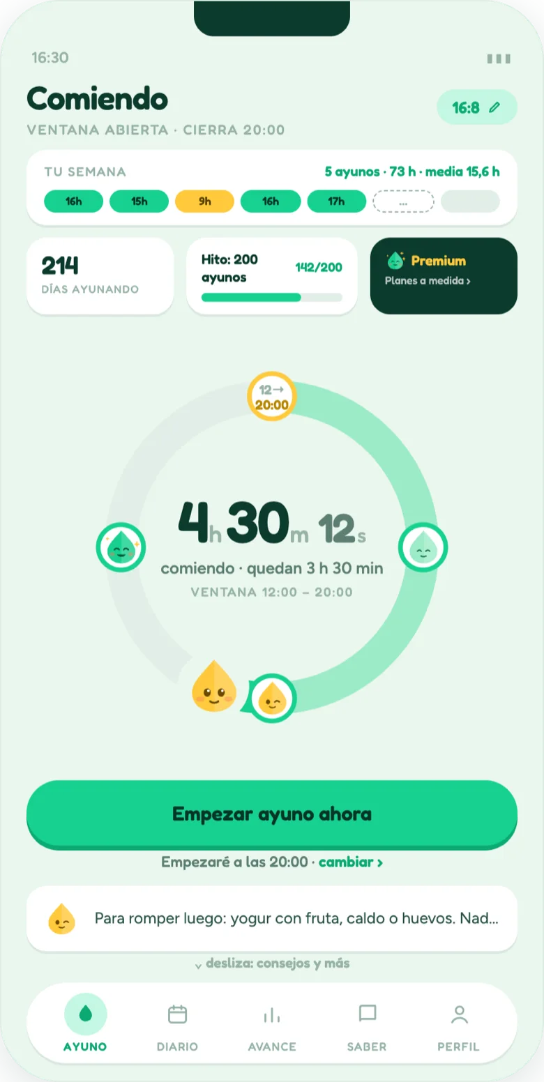 Blimbi app home screen showing an open eating window and the option to start a fast